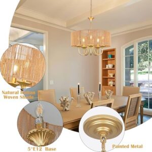 Gold 5-Light Rattan Light Fixture 19.7" Rattan Pendant Lights Boho Chandelier Wicker Chandelier Woven Pendant Light Drum Chandelier with Hand Woven Wicker Shade for Dining Room Kitchen Island - Image 4