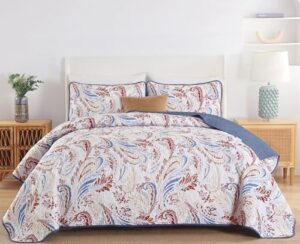 WONGS BEDDING Boho Quilt Set King,Paisley Floral Pattern Bedspread Coverlet Set with 2 Pillowcases,3 Piece Lightweight Microfiber Bohemian Quilt Bedding Set 104"×90"
