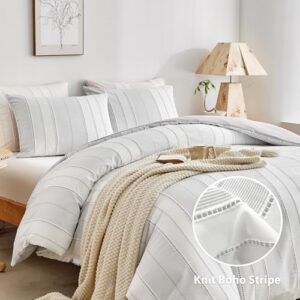 WARMDERN Light Grey Striped Weave Duvet Cover King Size, White Knit Boho Duvet Cover Set, Microfiber Textured Bedding Set with Zipper Closure and Corner Ties (Light Grey, King) - Image 2
