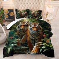 Tiger Bedding Sets, King Size Dark Green Comforter Set, Tropical Plants Wildlife Animal Tiger Bedding Comforter Sets Quilt Cover with 2 Pillowcases for Kids Teens Adults,King