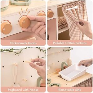 ROBOTIME Kids Play Kitchen Set - Rustic Wooden Kitchen Sets, Pretend Play Kitchen with Leaf Light String, Apron, and Groves, for Toddlers 3+ (Rustic Style) - Image 4