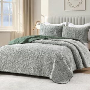 Dobuyly Quilts Queen Size Green Quilt Bedding Set Fluffy Plush Boho Bedspread Set Ultra Soft Warm Reversible Bed Coverlet for All Season 3 Pieces
