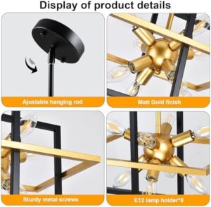 Modern Black and Gold Chandelier, 8-Light Geometric Pendant Light Fixture, Dining Light Fixtures Adjustable Chandelier for Dining Room Entryway Foyer Hallway Bedroom Living Room Kitchen Island - Image 6