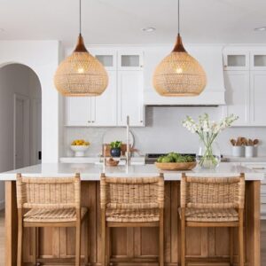 Rattan Pendant Light, 15.7" Rattan Chandelier Hand-Woven Boho Pendant Light Fixtures with Solid Wood, Basket Wicker Chandelier for Dining Room Kitchen Island Living Room - Image 6