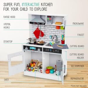 Lil' Jumbl Kids White Small Kitchen Set, Pretend Wooden Play Kitchen, Includes Range Hood, Microwave, Stove Top, Oven That Make Realistic Sound & Light, Pots, Pan, Cutting Board & Utensils Included, - Image 6