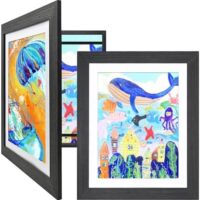 KINLINK 10x12.5 Kids Art Frames Set of 2, Solid Wood Kids Artwork Frames Changeable with Acrylic Front Opening Holds 150 Pictures, Art Frames for Kids Artwork with Mat or without Mat, Black