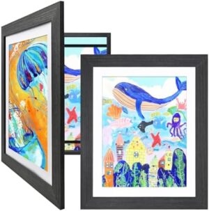 KINLINK 10x12.5 Kids Art Frames Set of 2, Solid Wood Kids Artwork Frames Changeable with Acrylic Front Opening Holds 150 Pictures, Art Frames for Kids Artwork with Mat or without Mat, Black