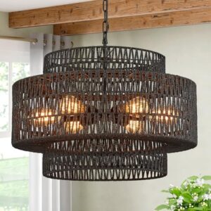 Hand-Woven Rattan Chandelier Vintage 6-Light Farmhouse Boho Bamboo Chandelier Light Fixture 23.6" Retro 3-Tier Drum Wicker Rattan Black Chandelier for Dining Room, Kitchen Island, Living Room