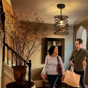 Farmhouse Pendant Light: Industrial Pendant Lights Kitchen Island - Small Rustic Metal Cage Drum Chandelier for Dining Room Over Table Lighting - Black with Retro Wood Texture E26 Base - Image 6