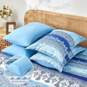 Boho Queen Comforter Set Blue - 7 Pieces Bed in a Bag Floral Striped Comforter and Sheet Set, Soft Microfiber Bohemian Bedding Sets Queen Size for All Season (Blue,Queen) - Image 4