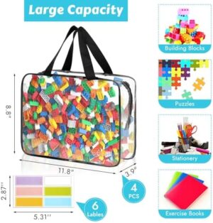 4 Pack Toy Storage Bags, Clear PVC Toy Organizer Bags with Zipper, Large Black Waterproof Reusable Toy Bags with Labels for Puzzles, Building Blocks, Board Game, Stationery, Kids Books - Image 2