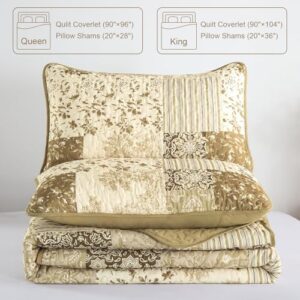 Patchwork Quilt Set King Size, Brown Plaid Reversible Bedspread Coverlet Set 3 Pieces for All Season, Soft Microfiber Bedding Set 104"x90" - Image 7