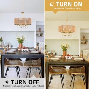 Gold 5-Light Rattan Light Fixture 19.7" Rattan Pendant Lights Boho Chandelier Wicker Chandelier Woven Pendant Light Drum Chandelier with Hand Woven Wicker Shade for Dining Room Kitchen Island - Image 6