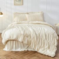 Queen Comforter Set - Ruched Comforter Queen Size Bed Set Boho Shabby Chic Bedding for Bedroom Comforter Fluffy 3 Piece Ruffle Comforter Set with Pillow White Bedding Soft