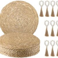 Woven Placemats Set of 10, 13.8" Natural Water Hyacinth Round Rattan Placemats with Wooden Beads Napkin Rings for Kitchen Dining Table Decor