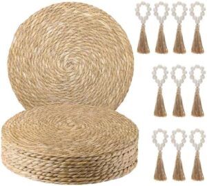 Woven Placemats Set of 10, 13.8" Natural Water Hyacinth Round Rattan Placemats with Wooden Beads Napkin Rings for Kitchen Dining Table Decor