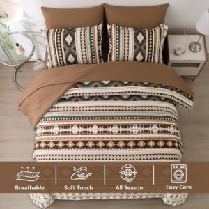Dinjoy Brown Boho Comforter Set Queen Size,7 Pieces Bed in a Bag Queen Coffee Aztec Bedding Sets with Sheets Bohemian Geometric Striped Complete Set for Spring Summer 90"x90" - Image 2