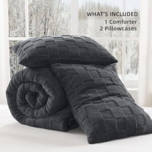 Litanika Fluffy King Size Comforter Set Dark Grey, 3 Pieces Warm Sherpa Fleece Winter Bedding Set, Jacquard Checkered Plush Fuzzy Bed Set(1 Comforter, 2 Pillowcases) - Image 7