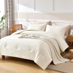 akkialla Embossed Design Queen Comforter Set,Cream White 3 Pieces Lightweight Bedding Comforter Sets for All Season,Bed in a Bag with a Fluffy Soft Comforter and 2 Pillowcases(Cream White,Queen) - Image 3