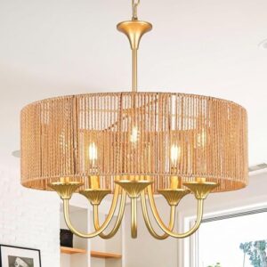 Gold 5-Light Rattan Light Fixture 19.7" Rattan Pendant Lights Boho Chandelier Wicker Chandelier Woven Pendant Light Drum Chandelier with Hand Woven Wicker Shade for Dining Room Kitchen Island