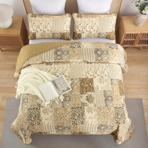Patchwork Quilt Set King Size, Brown Plaid Reversible Bedspread Coverlet Set 3 Pieces for All Season, Soft Microfiber Bedding Set 104"x90" - Image 4