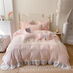 MOOWOO Chic Ruffle Lace Twin Duvet Cover Set-Bow Duvet Cover with Butterfly Tie-2 Piece Comforter Duvet Cover with Zipper Closure,Coquette Room Decor-Pink,Full Size - Image 2
