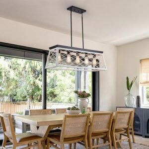 33" Farmhouse Rectangular Chandelier, Adjustable Height 5-Lights Kitchen Island Lighting, Openwork Engraved Grid Light Fixture Pendant for Dining Room Pool Table,Oak+Matte Black Finish - Image 8