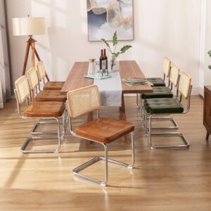 Zesthouse Natural Rattan Dining Chairs Set of 2, Modern Dining Room Chairs with Solid Wood Back for Kitchen Living Room, Mid Century Breuer Design Inspired, Upholstered Faux Leather Brown - Image 2
