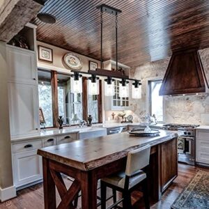 Dining Room Light Fixture/Chandelier Over Table,5-Light Kitchen Island Lighting Hanging for Farmhouse Linear Chandeliers Matte Black Rustic Wood Ceiling Pendant Light Fixtures with Clear Glass Shade - Image 5