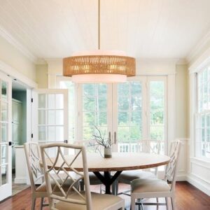 23.6" Rattan Chandelier with Linen Farmhouse Vintage Boho Hand Woven Bamboo Chandelier Light Fixture Modern Drum Wicker Rattan Gold Chandelier for Dining Room, Kitchen, Living Room - Image 2