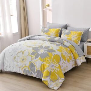 7 Pieces Yellow Floral Comforter Set Queen Size, Reversible Bed in a Bag with Sheets Set All Season, Soft Microfiber Flower Pattern Complete Duvet Bedding Set (Queen, 90"x90") - Image 8