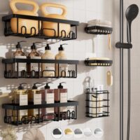 Veken Stainless Steel Shower Caddy 6-Pack, No Drilling & Rustproof, Waterproof Adhesive Shelves Rack with Soap Holder, Large Capacity Bathroom Organizers and Storage, Wall-Mounted Kitchen & Home Decor