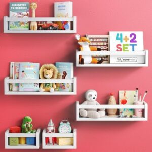 Floating Nursery Book Shelves for Wall Set of 4+2, Wall Bookshelf for Kids Room, Toys & Books Display, Nursery Decor Storage, Book Shelf for Kids Rooms Hanging Bookshelf (6-in-1 White)