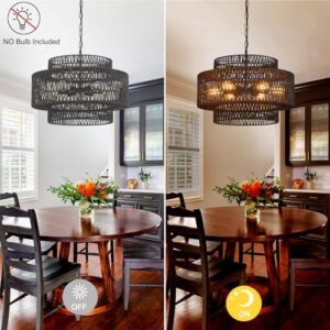 Hand-Woven Rattan Chandelier Vintage 6-Light Farmhouse Boho Bamboo Chandelier Light Fixture 23.6" Retro 3-Tier Drum Wicker Rattan Black Chandelier for Dining Room, Kitchen Island, Living Room - Image 7