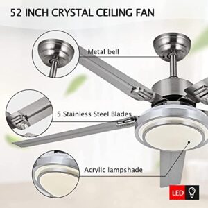 Ceiling Fan with Lights Remote Control, Modern Minimalist,6 Speeds 3 Color Dimmable Light, Brushed Nickel 52 Inch Stainless Steel 5 Blades for Kitchen Garage Dining Room(Silver) - Image 2