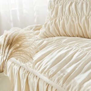 Queen Comforter Set - Ruched Comforter Queen Size Bed Set Boho Shabby Chic Bedding for Bedroom Comforter Fluffy 3 Piece Ruffle Comforter Set with Pillow White Bedding Soft - Image 3