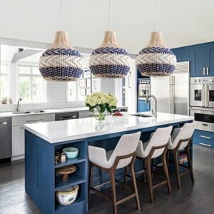 3-Pack Rattan Pendant Light Fixture 10.24" Blue White Hand-Woven Basket Fax Rattan Chandelier Boho Mini Wicker Hanging Lamp for Dining Living Bedroom Kitchen Farmhouse - Image 4