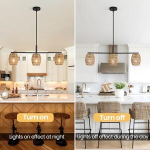 Rattan Pendant Light,3-Light Hand Wove Boho Chandelier Light Fixture,Farmhouse Wicker Light Fixture,Boho Hanging Light for Kitchen Island, Dining Room, Bar, Living Room - Image 4