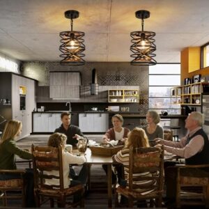 Farmhouse Pendant Light: Industrial Pendant Lights Kitchen Island - Small Rustic Metal Cage Drum Chandelier for Dining Room Over Table Lighting - Black with Retro Wood Texture E26 Base - Image 2