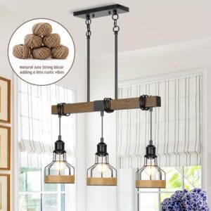3-Light Dining Room Light Fixture Over Table Chandelier Rustic, Solid Wood Kitchen Island Lighting Fixture Ceiling Linear Dining Ceiling Mount Lamp Modern Metal Lampshade Dining Pendant Light - Image 4