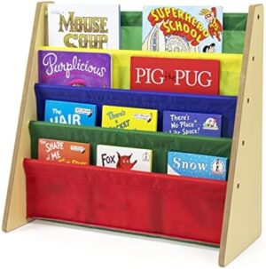 Humble Crew 4-Tier Kids Bookshelf, Natural Wood/Primary - Premium Book Shelf for Kids Rooms with Four Deep Pockets - Toddler Sling Book Rack with Deep Sleeves, Nursery Bookcase Organizer - Image 3