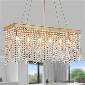 Q&S Gold Chandeliers Luxury Modern Crystal Chandelier Light Fixtures for Dining Room Kitchen Island Living Room L30 6-Lights UL Listed