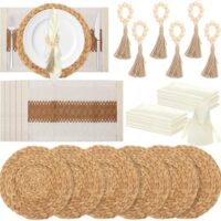 24 PCS Woven Placemats, 13" Rattan Round Placemats, Natural Cotton Burlap Table Mats, Water Hyacinth Farmhouse Place Mats with Satin Napkin & Napkin Ring for Wedding Kitchen Dining Table Decor
