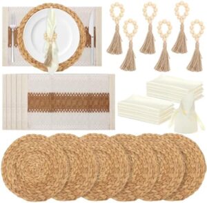 24 PCS Woven Placemats, 13" Rattan Round Placemats, Natural Cotton Burlap Table Mats, Water Hyacinth Farmhouse Place Mats with Satin Napkin & Napkin Ring for Wedding Kitchen Dining Table Decor