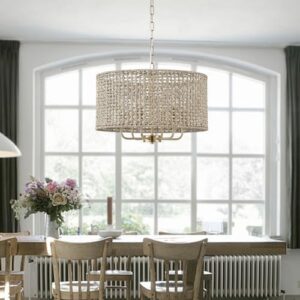 20" Rattan Hand-Woven Boho Chandelier for Dining Room, 6-Light Rattan Drum Wicker Farmhouse Chandelier Large Vintage Chandelier Pendant Light Fixture for Kitchen Island Entryway(Gold) - Image 4