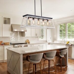 33" Farmhouse Rectangular Chandelier, Adjustable Height 5-Lights Kitchen Island Lighting, Openwork Engraved Grid Light Fixture Pendant for Dining Room Pool Table,Oak+Matte Black Finish - Image 7