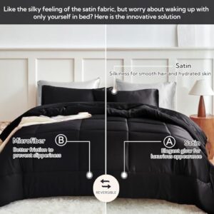 MR&HM Queen Comforter Set Black, Reversible Satin Microfiber Comforter Set for All Seasons, 3 Pieces Non-Slip Silky Soft Bedding Sets with 1 Comforter (90"x90") and 2 Pillowcases (20"x26") - Image 2