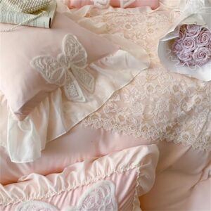 MOOWOO Chic Ruffle Lace Twin Duvet Cover Set-Bow Duvet Cover with Butterfly Tie-2 Piece Comforter Duvet Cover with Zipper Closure,Coquette Room Decor-Pink,Full Size - Image 8
