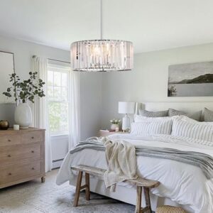 16.5" Chrome Crystal Chandeliers 4-Light Modern Drum Chandelier Flush Mount Round Ceiling Hanging Pendant Light Fixture for Kitchen Island Dining Room Foyer - Image 8