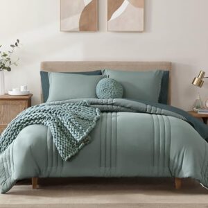Monbix Queen Comforter Set - 7 Pieces Sage Green Bed in a Bag Queen Bedding Sets with Comforters, All Seasons Down Alternative Comforter Bed Set with Sheets,Pillowcases & Shams